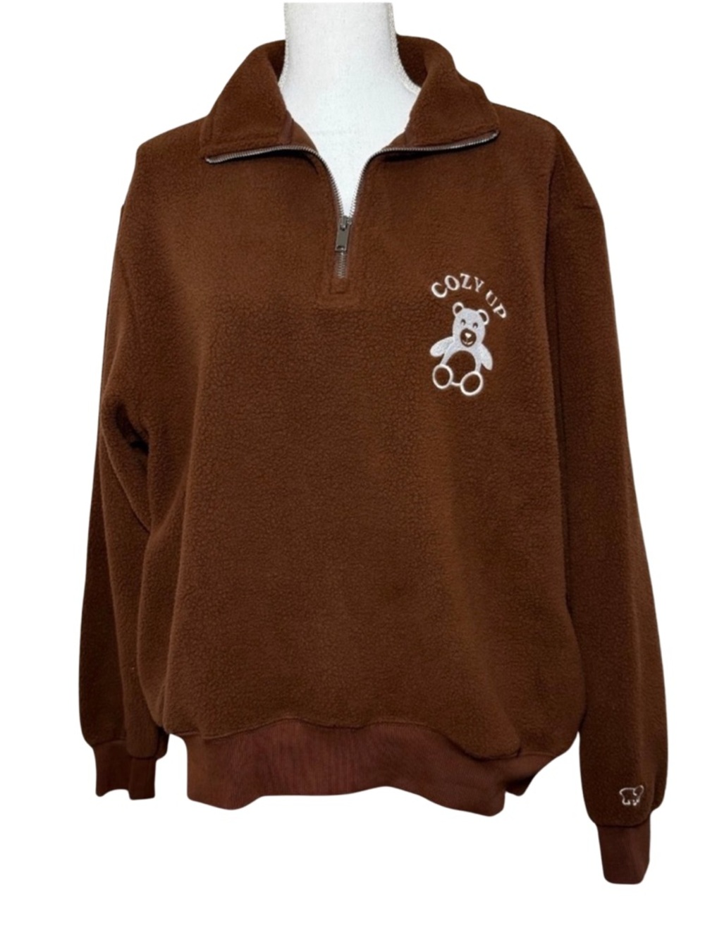 NWT Ivory Ella Cozy Up Bear Chocolate Brown 3/4 Zip‎ Pullover Fleece Size Small